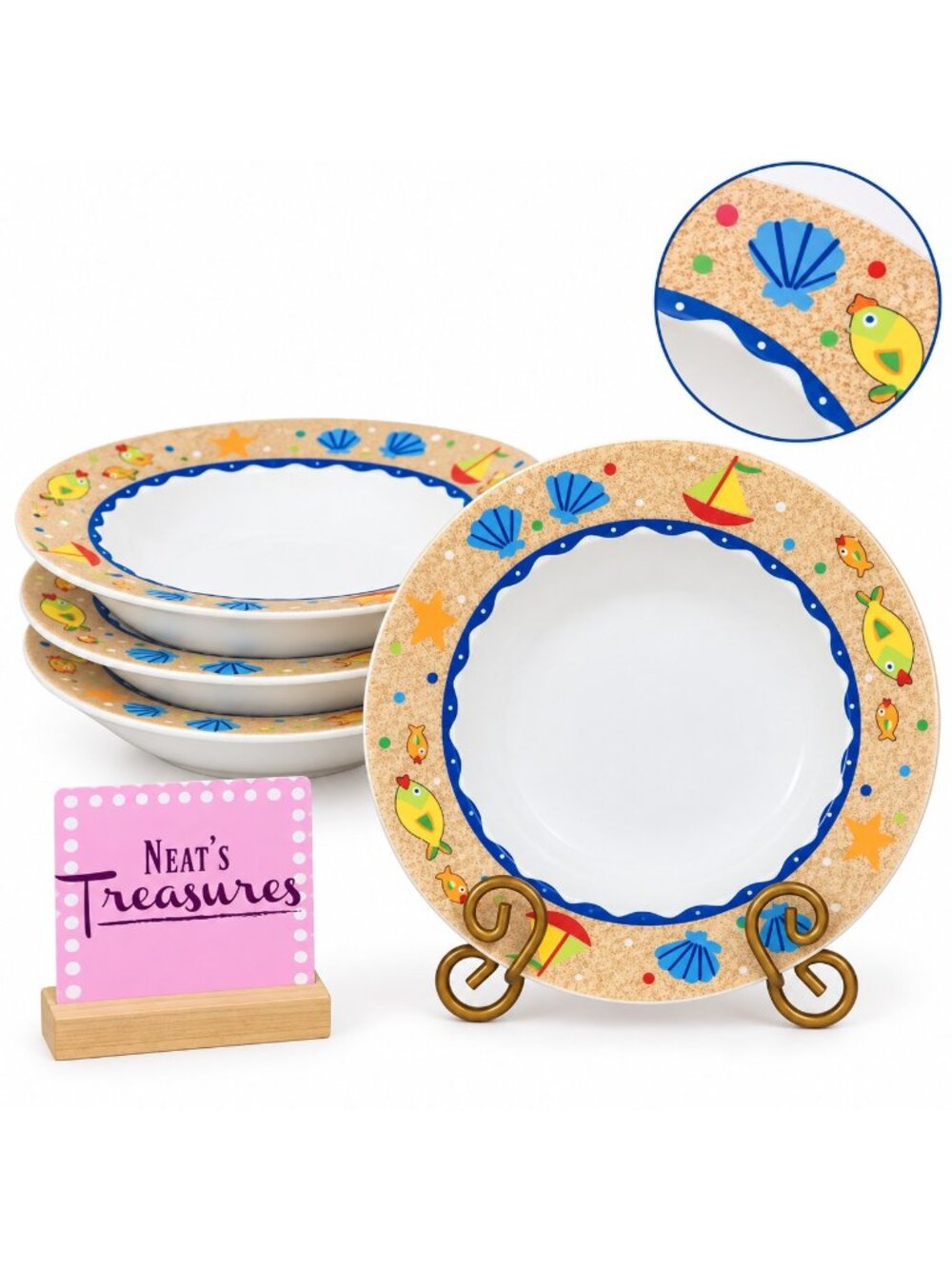 Studio Nova Jenny Faw SOFT SEA Fish Shells Boat Tree Rim Pasta Soup Bowls Set 4